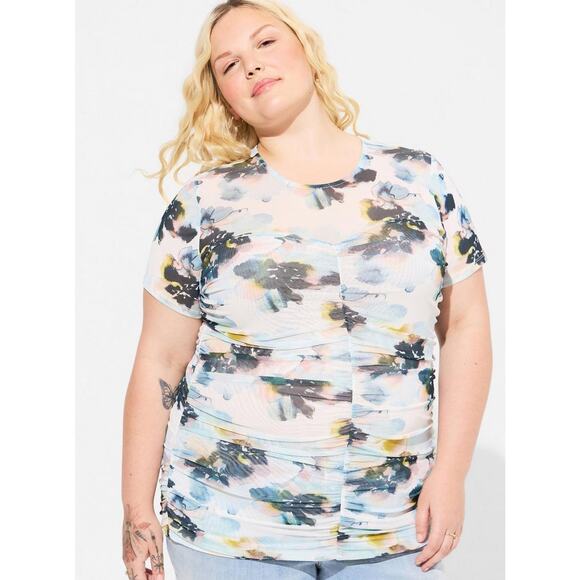 Torrid 0x 0 L 12 Stretch Mesh Crew Neck Ruched Top - Picture 1 of 3